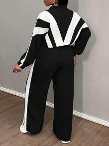 Slaydiva Bộ đồ thể thao thường ngày 2 món gồm áo khoác và quần dài có khóa kéo thả vai phối màu dành cho nữ - màu đen - Xem 2