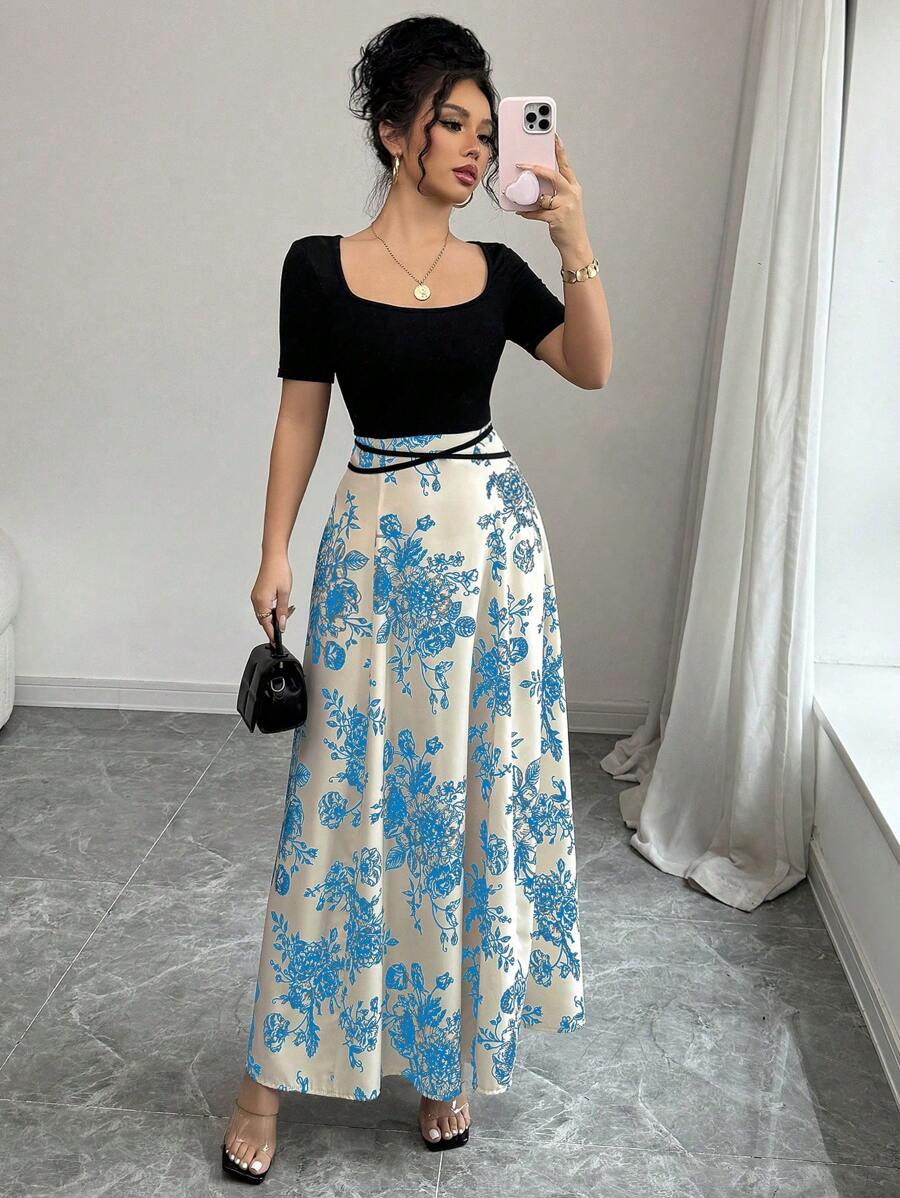 Gloray Women's Elegant Fitted Waist Tie Qipao Style Printed Short Sleeve Square Neck Knit Dress