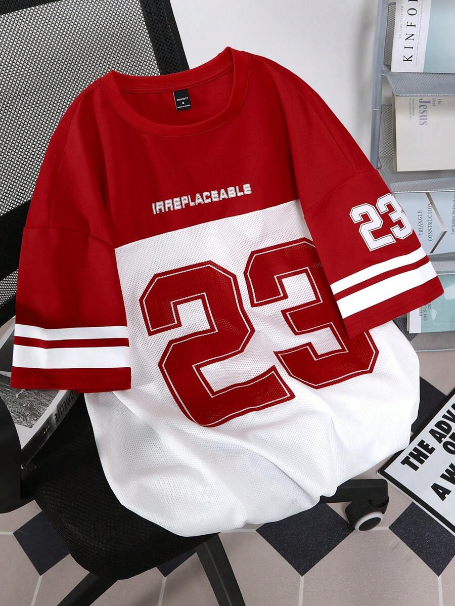 Manfinity Campus Court Men's Casual Sports Number Print Contrast Color Short Sleeve T-Shirt - Red and White - View 1