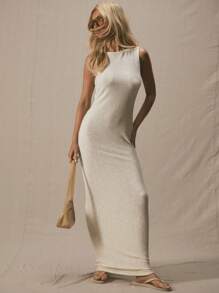 MUSERA Boat Neck Low Back A Line Fitted Waist Maxi Dress Spring Summer Cute Vacation 90's Elegant Beach