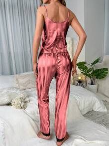 SHEIN Satin-Like Jacquard Striped Print Lace Patchwork Camisole And Pants Pajama Set - Redwood - View 2