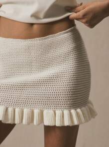 MUSERA Low Rise Knit Ruffle Hem Mini Sweater Skirt Spring Summer Cute Vacation Elegant
