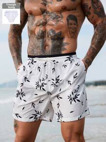 Surfspeed Men's Botanical Print Drawstring Waist Beach Shorts - Black and White - View 5
