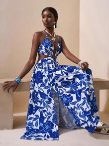 Slaydiva Summer New Casual Vacation Hollow Tie-Up Blue & White Printed Dress For Women - Blue and White - View 7