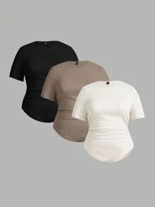 SHEIN Essnce Paquete de 3 bodys básicos de manga corta, de talla grande, en colores multicolor, de corte slim, cómodos y casuales para primavera y verano, outfits de verano para mujer, blusas lindas de verano para salir