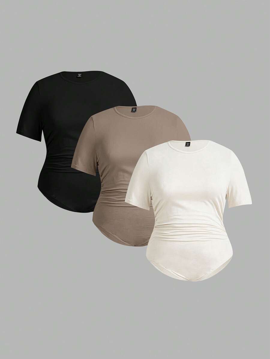 SHEIN Essnce 大码女式春夏时尚休闲舒适基本款日常短袖修身多色紧身衣 3 件装，女士夏季服装，可爱夏季上衣，外出上衣 - 彩色 - 查看 1