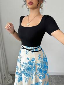 Gloray Women's Elegant Fitted Waist Tie Qipao Style Printed Short Sleeve Square Neck Knit Dress