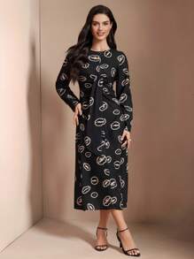 TrendSteals Women's Casual Crew Neck Long Printed Dress - Black - View 4