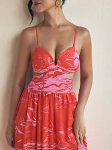 Eva Novielli Abstract Printed Spaghetti Straps V Neck Cutout Maxi Summer Dress Vacation Sundress, Rave, Prom Dress - Multicolor - View 2