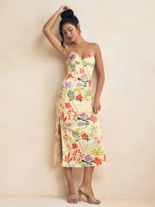 Miriam Omar Yellow Floral Print Satin Side Splits Spaghetti Straps Cami Dress Spring And Summer Dress For Women, Vacation Sundress, Rave, Prom Dress, Brunch Outfits, Tea Party Dress - Yellow - View 3