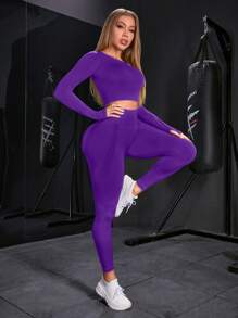 Women's Solid Color Long Sleeve & Long Pants Seamless Activewear Set - Purple - View 5