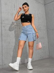 SHEIN PETITE Women's Utility Pocket Casual Versatile Denim Shorts - Light Wash - View 5