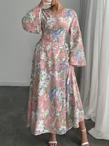 Modelyn 大码编织花卉印花长袖收腰荷叶边下摆连衣裙 - 彩色 - 查看 3