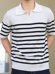 Manfinity Hypemode Men's Zip Neck Striped Short Sleeve Casual Knit Top - Black and White - View 7