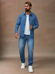 Manfinity Homme Plus Size Men Casual Denim Set, Denim Shirt & Washed Jeans, Minimalist & Fashionable For Daily Wear, Fall - Blue - View 1