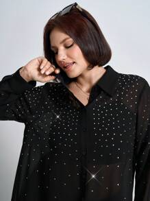 Chikora Blusa elegante de manga larga con decoración de rhinestones y malla, informal para negocios, talla grande para mujer