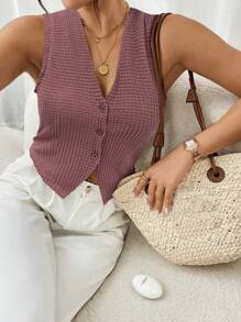 SHEIN Frenchy Women's Solid Color Front Button Vacation Casual Tank Top Summer