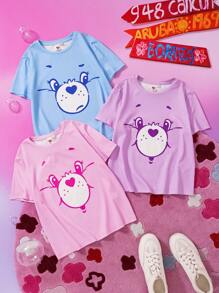 SHEIN X Care Bears Tween Girl 卡通爱心和熊图案休闲可爱短袖 T 恤，百搭，有紫色、粉色和蓝色可供选择 - 彩色 - 查看 2