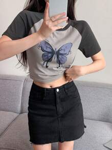 DAZY Butterfly Print Raglan Sleeve Crop Tee Y2k,Graphic Tees - Grey - View 7