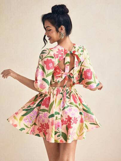 Miriam Omar Pink Floral Print V-Neck Butterfly Sleeve Tie Back Mini Dress Spring And Summer Dress For Women Vacation Sundress, Rave, Pastel, Prom Dress