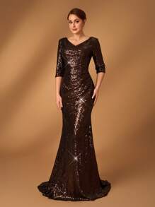 Serin Elegant Luxurious Sequin Ruched Sheer Long Sleeve Mermaid Dress, Suitable For Wedding, Party, Vacation, Prom, Mother Of The Bride Gown Evening Dress - Coffee Brown - View 5