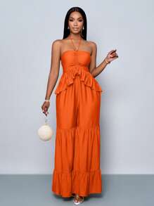 SOLERSUN Women's Casual Beach Vacation Style Halter Neck Drawstring Pleated Front Ruffle Hem Wide Leg Jumpsuit - Orange - View 3