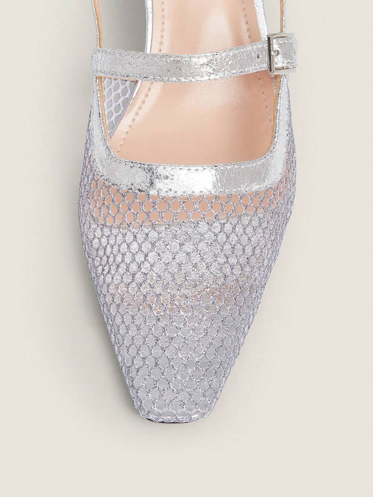 Women's Fashion Square Toe Chunky Heel Sandals, Backstrap & Closed Toe, Mesh Breathable Silver High Heels