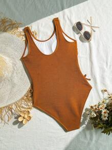Teen Girls' One-Piece Textured Ruched Swimsuit - Brown - View 2