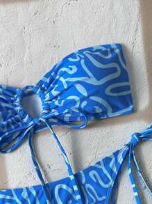 Swim Vcay Women Summer Random Print Drawstring Halter Tie Sexy Bikini Set - Blue - View 3