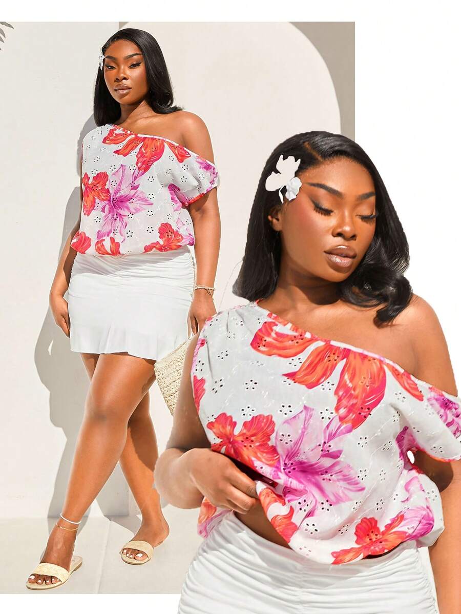 SHEIN SXY 大码女式性感春夏斜肩宽松肩褶皱彩色印花梭织剪裁面料衬衫，适合早春、春夏季、雨林、海滩派对、海边度假、篝火晚会，凉爽轻盈，修身版型，穿着舒适，易于搭配且看起来苗条，突出您的身材，凸显身材