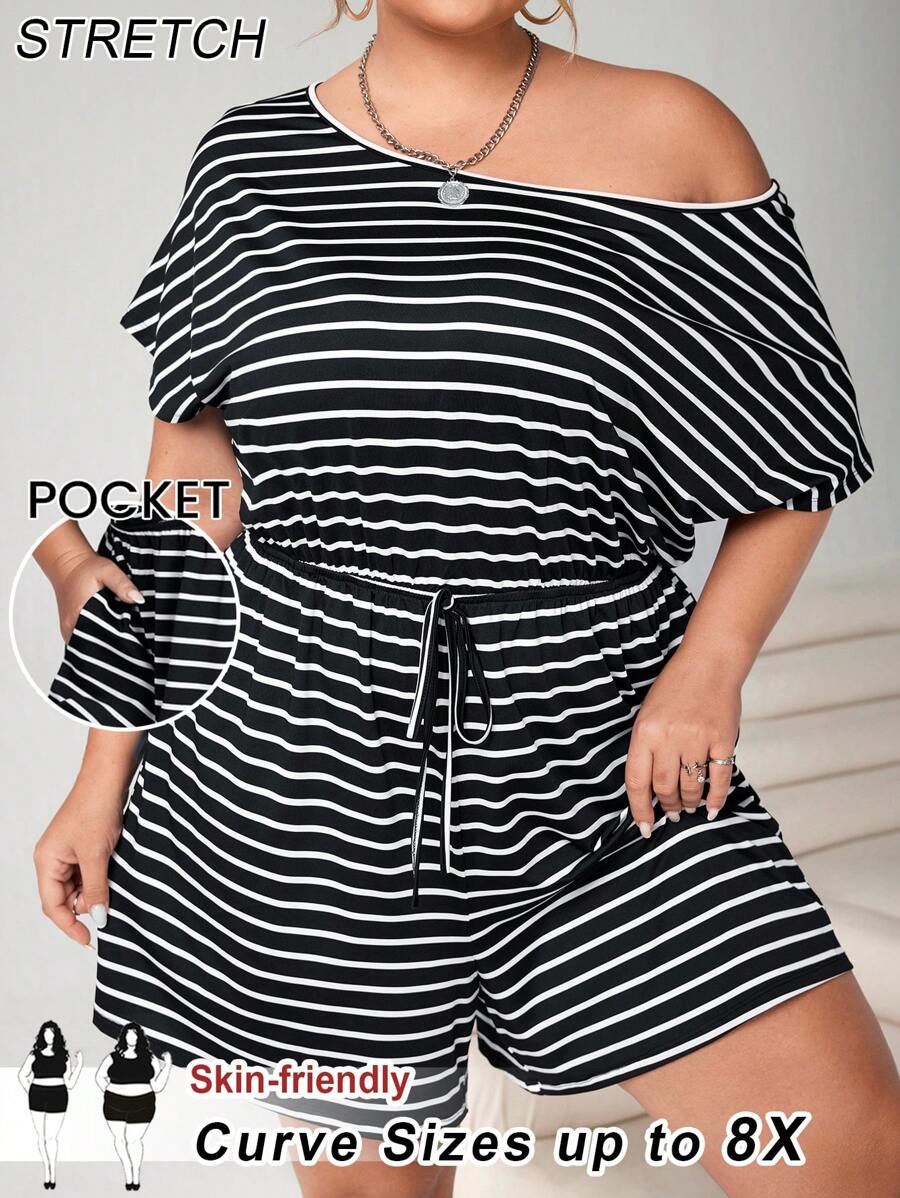 SHEIN CURVE+ 大码女式连体衣，休闲条纹连体衣，夏季女式连衣裙连体裤，短裤女式连体衣 - 黑與白 - 查看 1