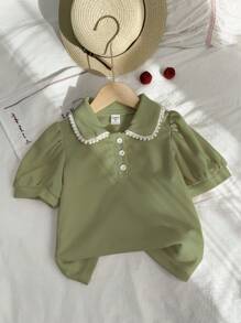 Elladie kids 年轻女孩优雅泡泡袖圆领短袖 T 恤，时尚别致的设计，夏季 - 綠色 - 查看 5