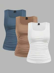 SHEIN LUNE 3 件套女士休闲纯色圆领紧身背心，适合夏季