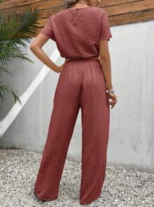 SHEIN Frenchy Setelan Musim Panas Kasual Warna Pink, terdiri dari atasan crop lengan kelelawar dan celana pinggang tali serut berbahan tekstur. - Dusty Pink - View 2