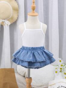 SHEIN 嬰兒女寶寶荷葉邊三角牛仔短褲，春夏季使用，採用柔軟舒適的水洗輕質材料 - 淺色水洗藍 - 查看 5