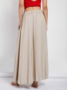 COSMINA 女士优雅卡其色褶皱办公/通勤裙，春夏 - 卡其色 - 查看 2