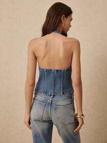Poéselle Blusa de mezclilla casual de mujer con cuello halter y abotonadura sencilla