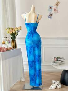 INAWLY 女士优雅花卉印花修身无袖连衣裙 - 藍色 - 查看 2