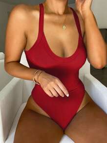 INAWLY Plus Size Solid Color Tight Backless Spaghetti Strap One-Piece Bodysuit
