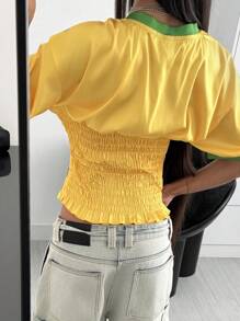 SHEIN EZwear Women's Contrast Color Block Printed Cinched Waist T-Shirt - Yellow - View 2