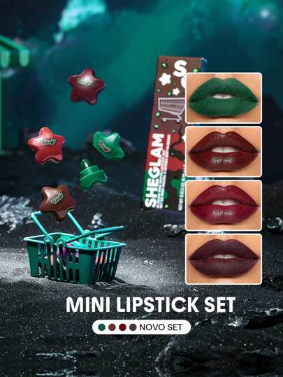 Hi-Beam Mini Lipstick Set-Novo Set 4 In 1 Matte And Hydrating Bold Lipstick High Pigment Portable Cosmic Star Lipstick Kit Lip Makeup Goth Green Lipstick Brand Beauty Makeup Face Paint Cosmetic For Women Girls Perfect For Winter Ideal For Y2K Fancy Fashion Suitable For Birthday Christmas Gift Party Ready Best Color