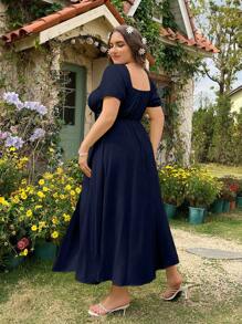 Flirla Plus Size Solid Scoop Neck Short Sleeve Split Thigh Length Dress, Summer, For Christmas Maxi Vacation Beach Outfits Women - Navy Blue - View 2