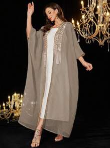 Al Najma 优雅迷人的珍珠刺绣女士两件套服装，朴素的长袍 - 卡其色 - 查看 8