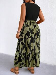 SHEIN LUNE Vestito a canotta in maglia con stampa a foglie e orlo asimmetrico (medio-lungo) da donna taglie forti, per primavera/estate, abito extra lungo da spiaggia per vacanze