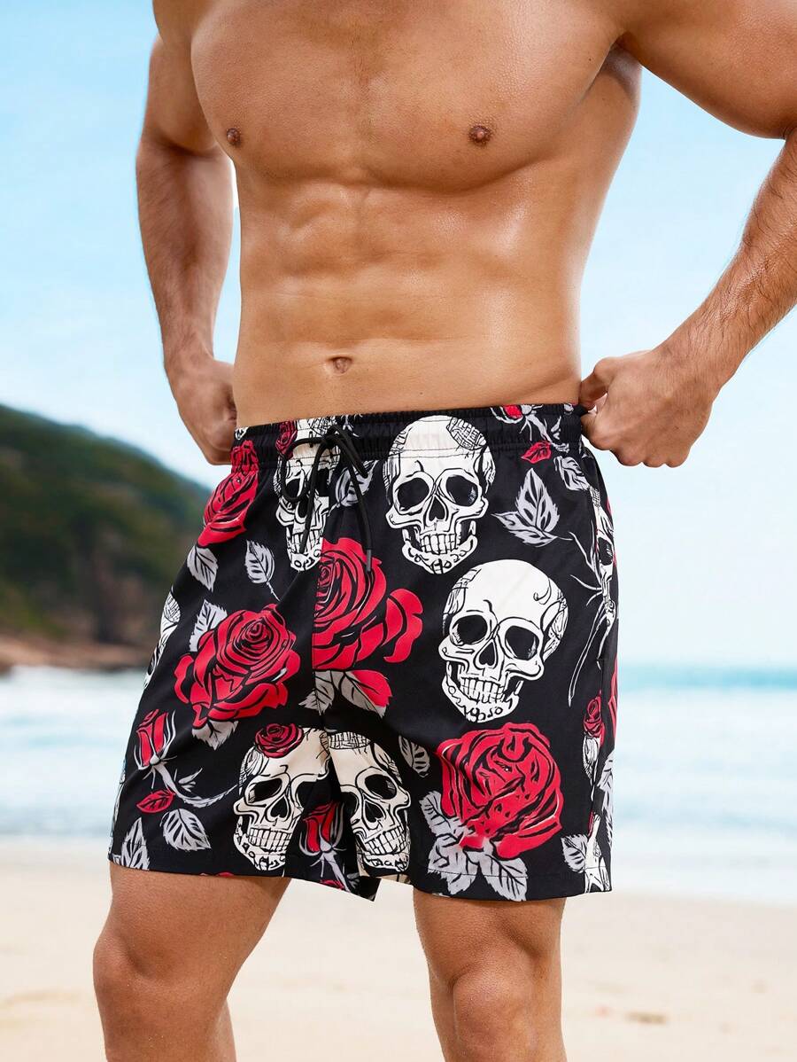 Manfinity Swimmode Męskie szorty plażowe z nadrukiem i wiązaniem z przodu, wypoczynek, wakacje