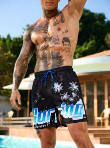 Manfinity Swimmode Men's Coconut Tree & Letter Print Beach Shorts