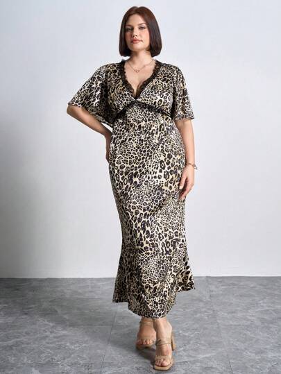 Chikora Plus Size Women Leopard Print Contrast Lace Short Sleeve Long Dress Valentine's Day Vacation Outfits Woman Cheetah Print Beach Outfits For Woman Mardi Gras Summer Dresses