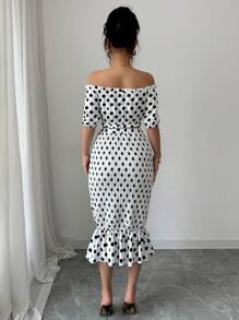 Elenzga Elegant Sexy Bohemian Off Shoulder Two-Piece Set: Polka Dot Frill Hem Cropped Top - White - View 2