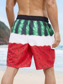Manfinity KASUA Men's Watermelon Print Drawstring Waist Casual Beach Shorts Men Swim Trunks - Red - View 2