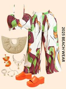 Slaydiva Plus Size Women's Sleeveless Tied Neck Hollow Out Wide Leg Jumpsuit With Print, Sexy & Bodycon, For Spring & Summer Vacation - Multicolor - View 2